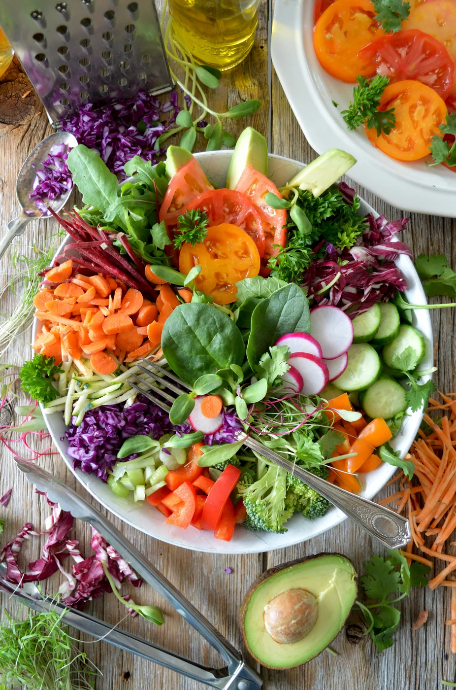 Colourful balanced meal with fruit, vegetables and familiar everyday food